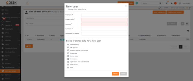 Formulár používateľa pri vytváraní nového používateľa prostredníctvom Klonovania používateľa