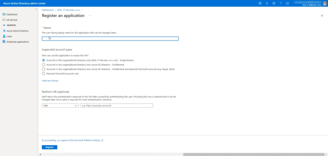 Formulář pro registraci aplikace Azure AD