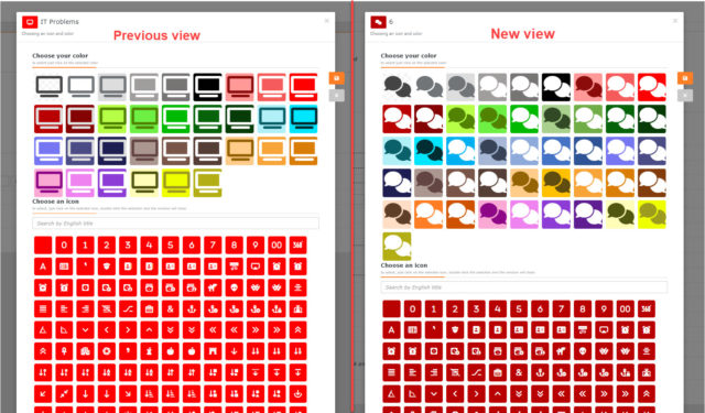 Porównanie starej i nowej palety kolorów dla ustawienia kafelków katalogu wniosków