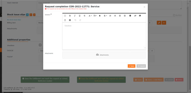 Modálne okno s poľom Riešenie, ktoré sa zobrazí pri ukončení požiadavky cez plnenie