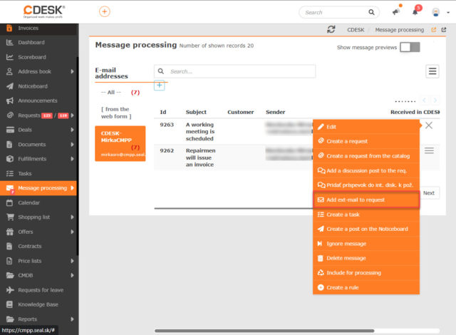 Tlačidlo pre spracovanie správy ako ext-mail na požiadavke