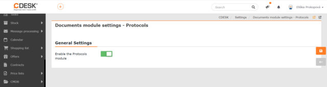 Zapnutie modulu Protokoly v globálnych nastaveniach