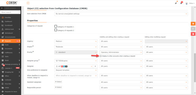 Nastavenie Zobrazovať pri vytváraní požiadavky ostatným kontám, ktoré sa nachádza v šablóne požiadavky