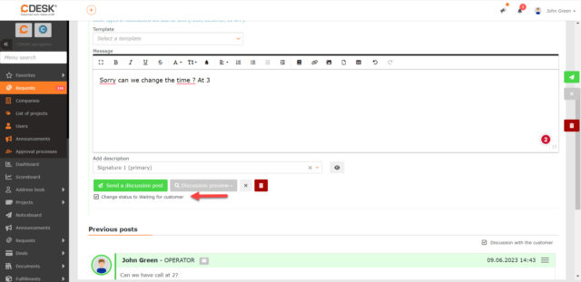 Tlačidlo na prepnutie požiadavky do stavu Čakanie na zákazníka po odoslaní diskusie 