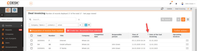 V zozname Fakturácia zákaziek bolo pridané zoraďovanie podľa dátumu poslednej fakturácie