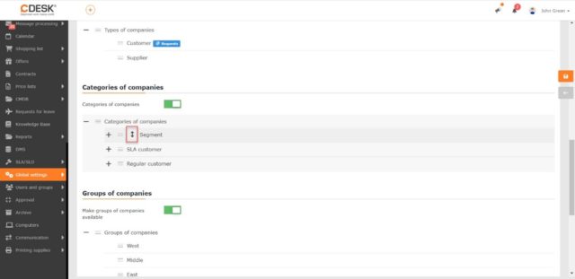 Zmena poradia kategórii spoločností v globálnych nastaveniach spoločností