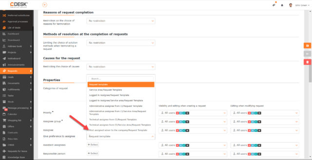Nové nastavenie pre šablóny požiadavky, kedy sa uprednostní prvý priradený riešiteľ k spoločnosti