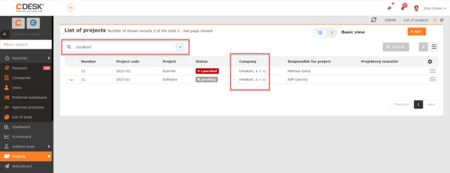 Ukážka toho, ako sa pri jednoduchom vyhľadávaní v zozname projektov vyhľadala informácia zadaná v stĺpci Spoločnosť