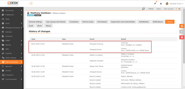 Záznamy v histórii používateľa o zmene CDESK licencie a o zapnutí fakturácie