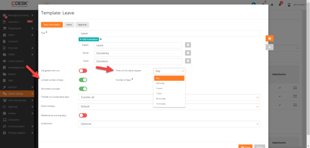 Nastavenie časovej jednotky v šablóne žiadosti o voľno