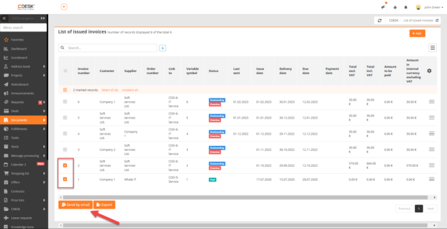 Tlačidlo Odoslať emailom v zozname vystavených faktúr