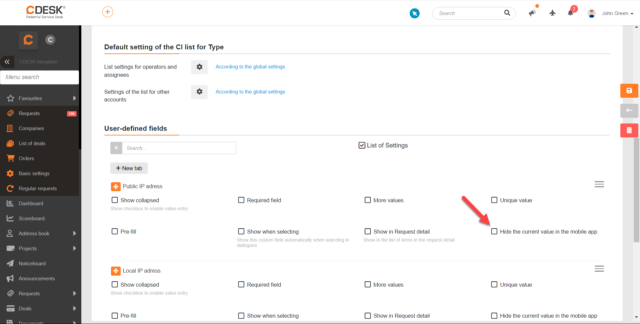 Nastavenie, aby sa používateľom definované pole nezobrazovalo v mobilnej aplikácii CDESK