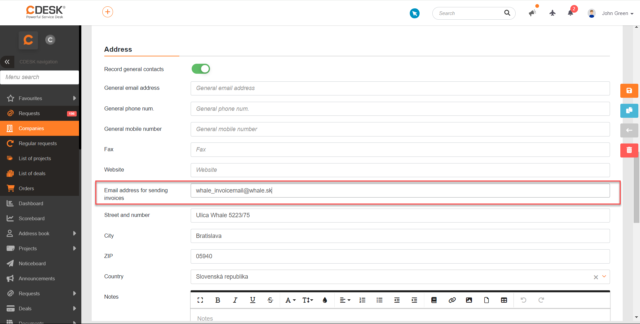 Pole Emailová adresa pre zasielanie faktúr v detaile spoločnosti