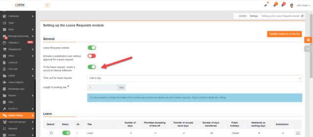 Nastavenie K žiadosti o voľno, vytvoriť záznam interného plnenia, ktoré sa nachádza v Globálnych nastaveniach žiadosti o voľno