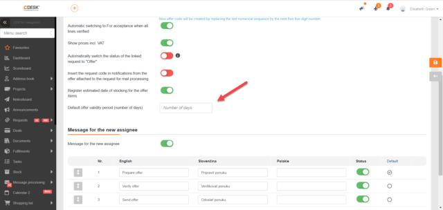 Nové nastavenie Predvolená doba platnosti ponuky (počet dní)