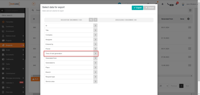 Stĺpec Najbližšie generovanie v exporte zoznamu pravidelných požiadaviek