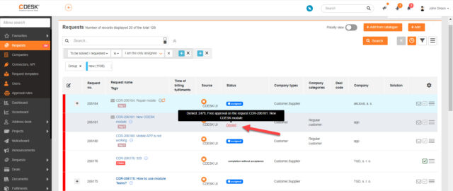 Tooltip informujúci o stave schvaľovania a názve schvaľovacieho procesu