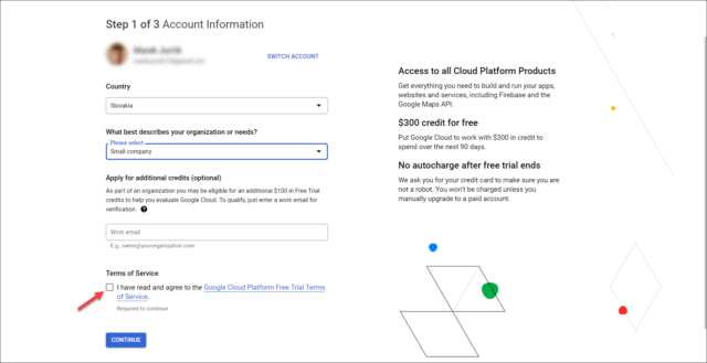 1. krok při konfiguraci Google Cloud účtu – údaje o společnosti