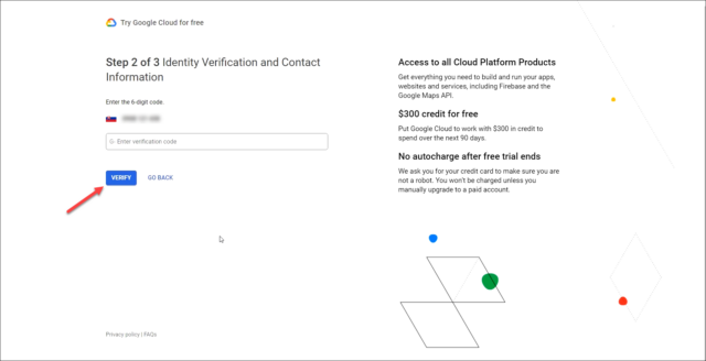 Step 2 of Google Cloud account configuration – entering the verification code
