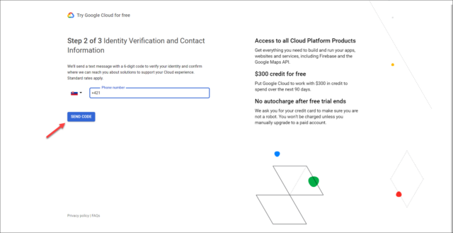 2. krok při konfiguraci Google Cloud účtu – zadání telefonního čísla