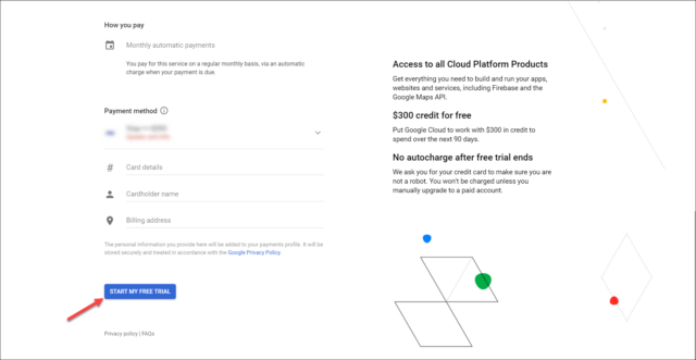 Krok 3 konfiguracji konta Google Cloud - wprowadzanie danych osobowych i danych dotyczących płatności