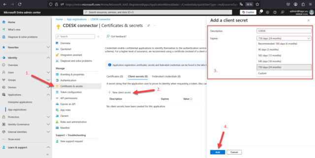  Vygenerovanie secret v časti Certificates &amp; secrets